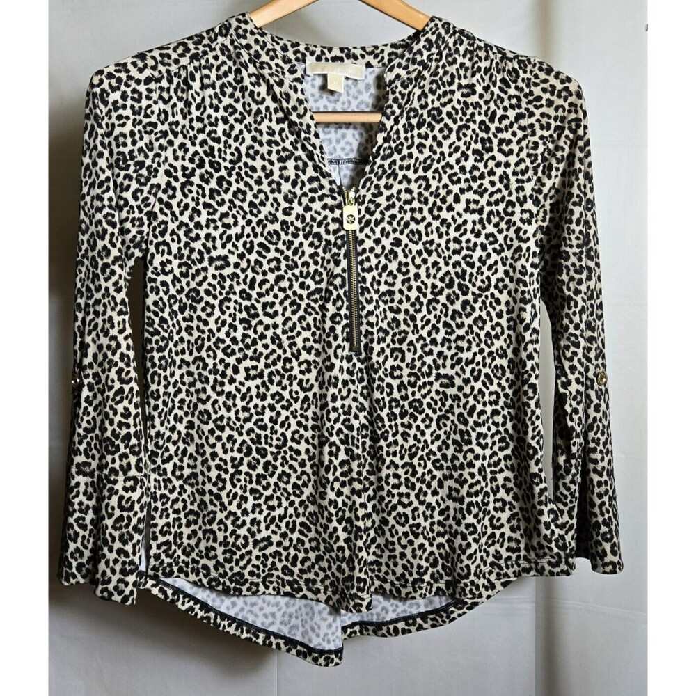 Michael Kors Leopard Animal Print 3/4 Roll Tab Sleeve Zip Shirt Blouse Size M